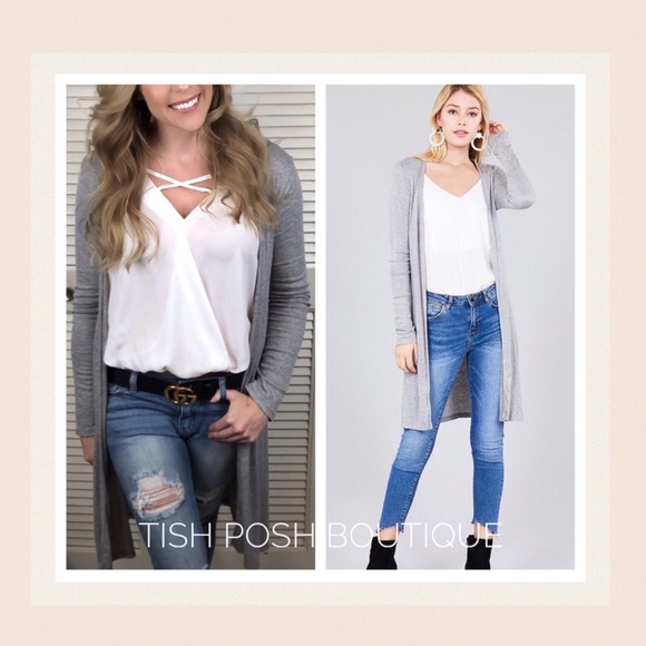 ARIA Grey Ribbed Side Slit Cardigan Sweater - Picture 3 of 7